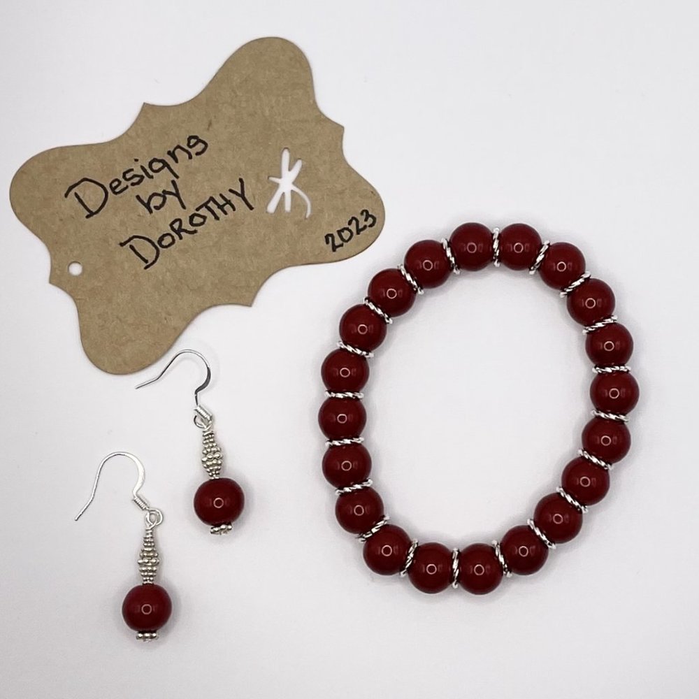 12mm Red Agate Balls and Silver Hoops Bracelet w/ Matching Earrings